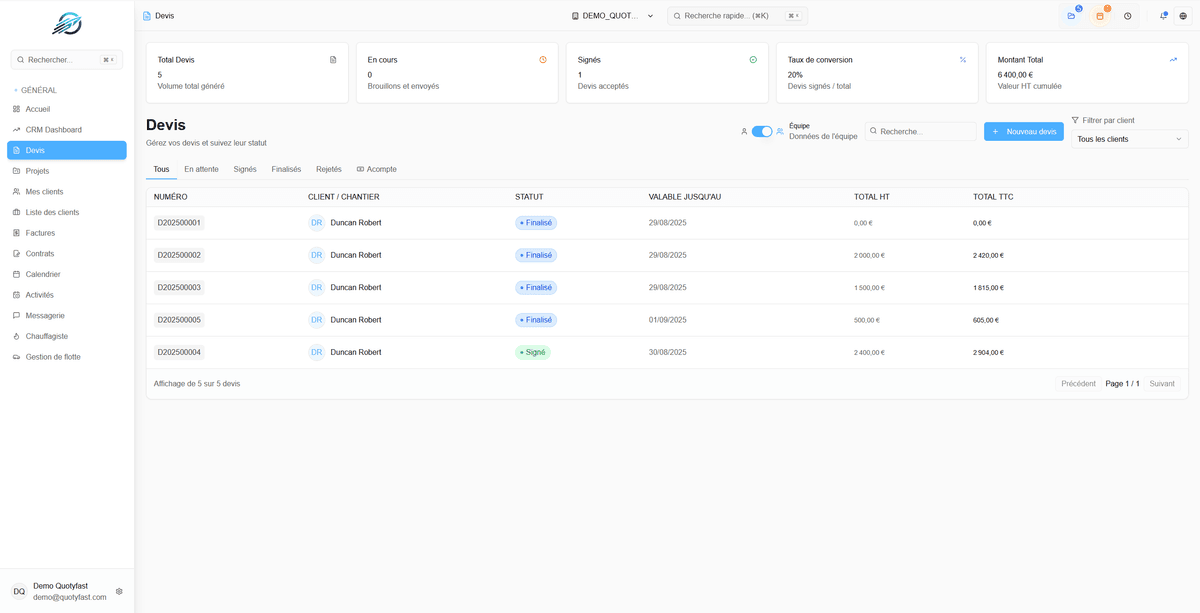 Interface de création de devis