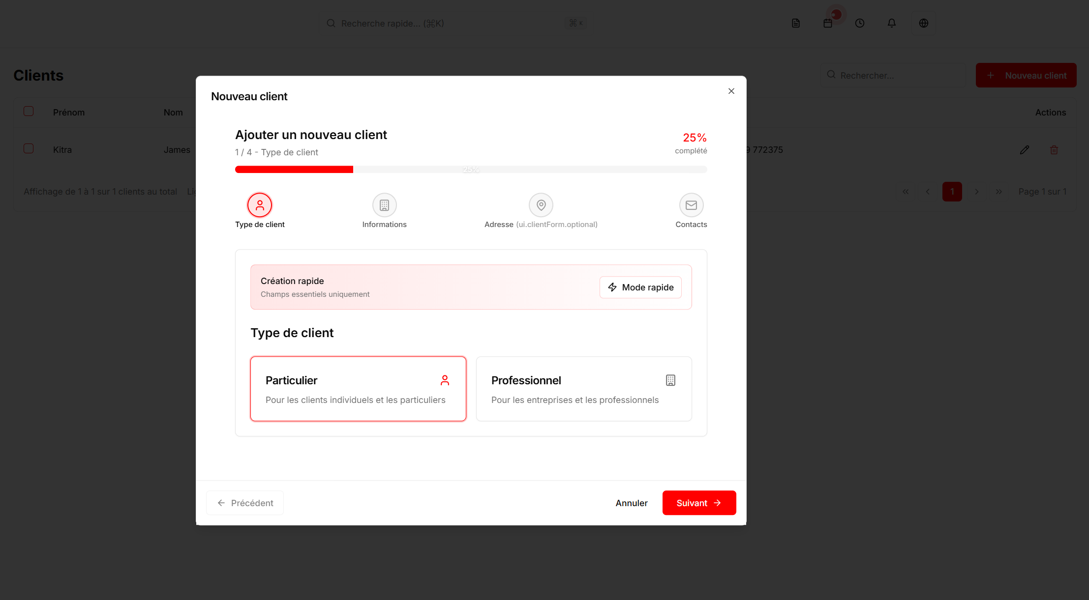 Interface de gestion clients