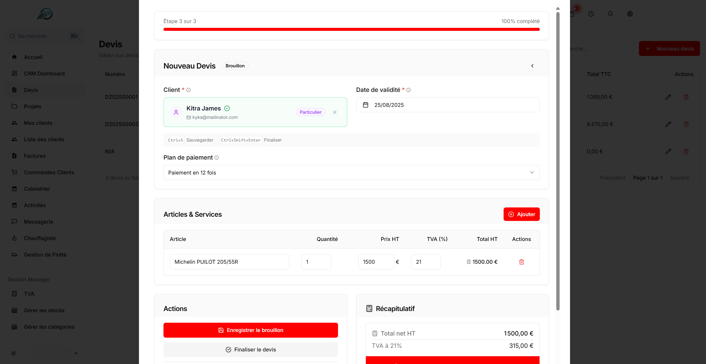Interface de création de devis
