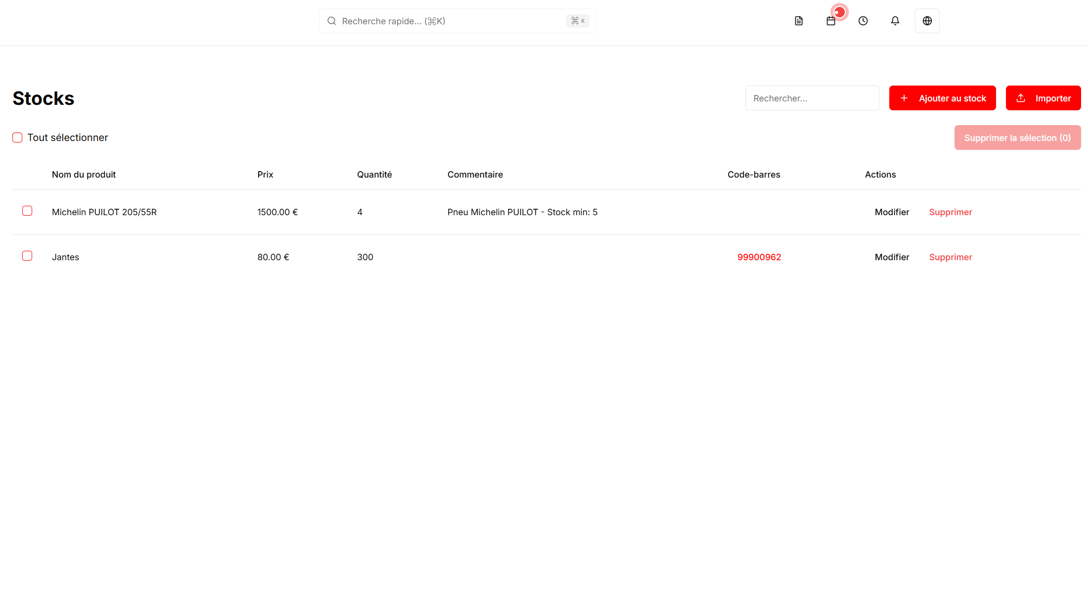 Interface de suivi de stock