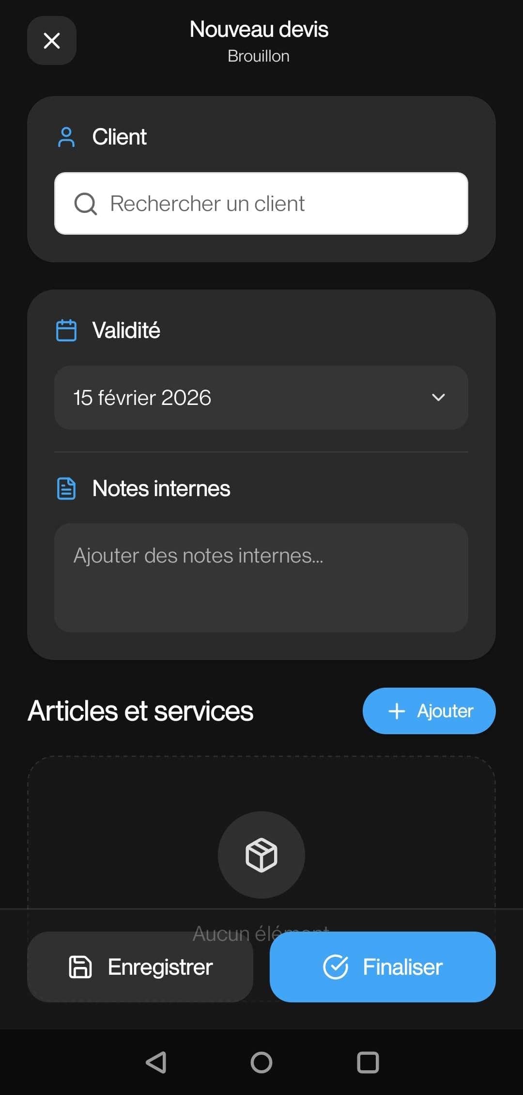 Un devis dans l'application mobile QuotyFast