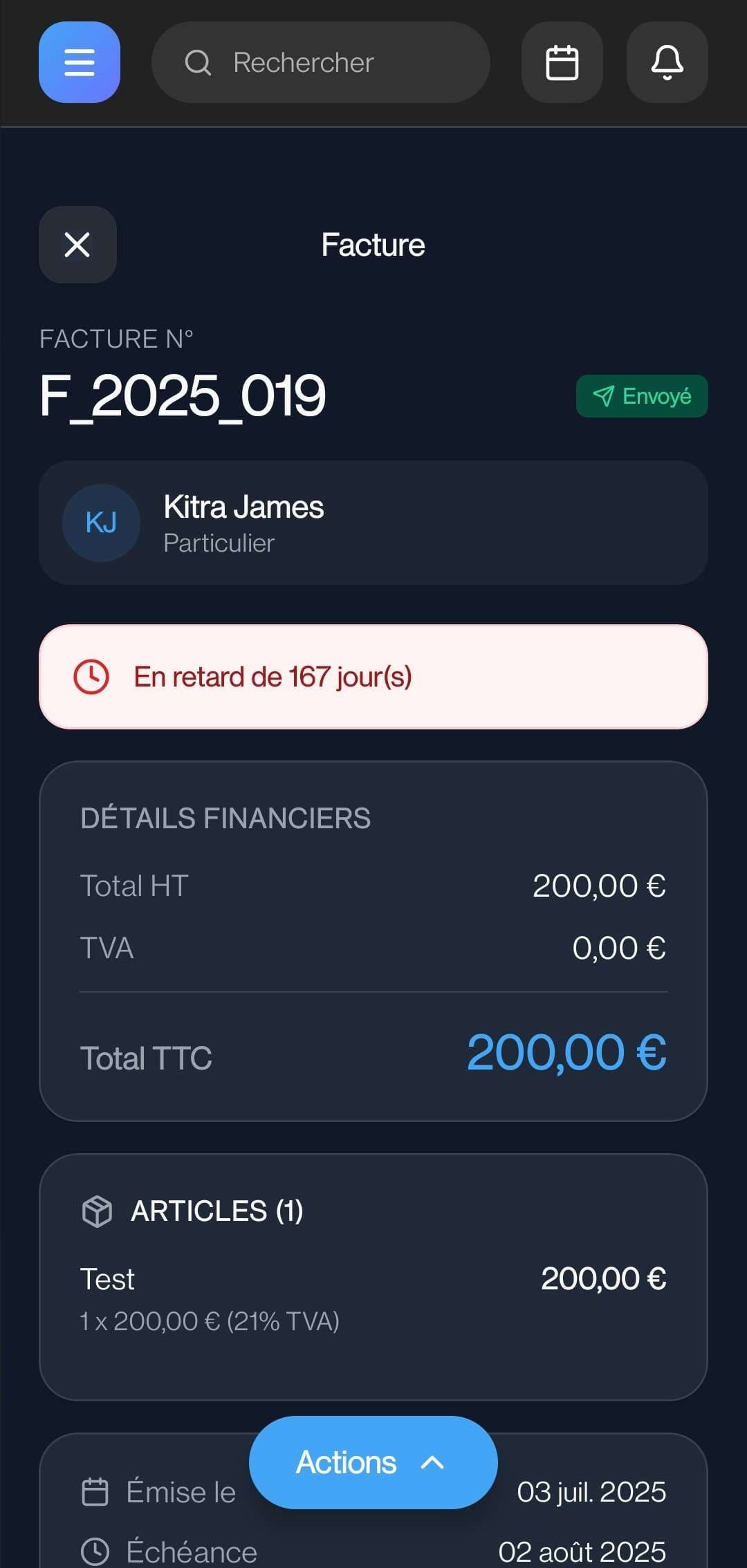 Une facture dans l'application mobile QuotyFast