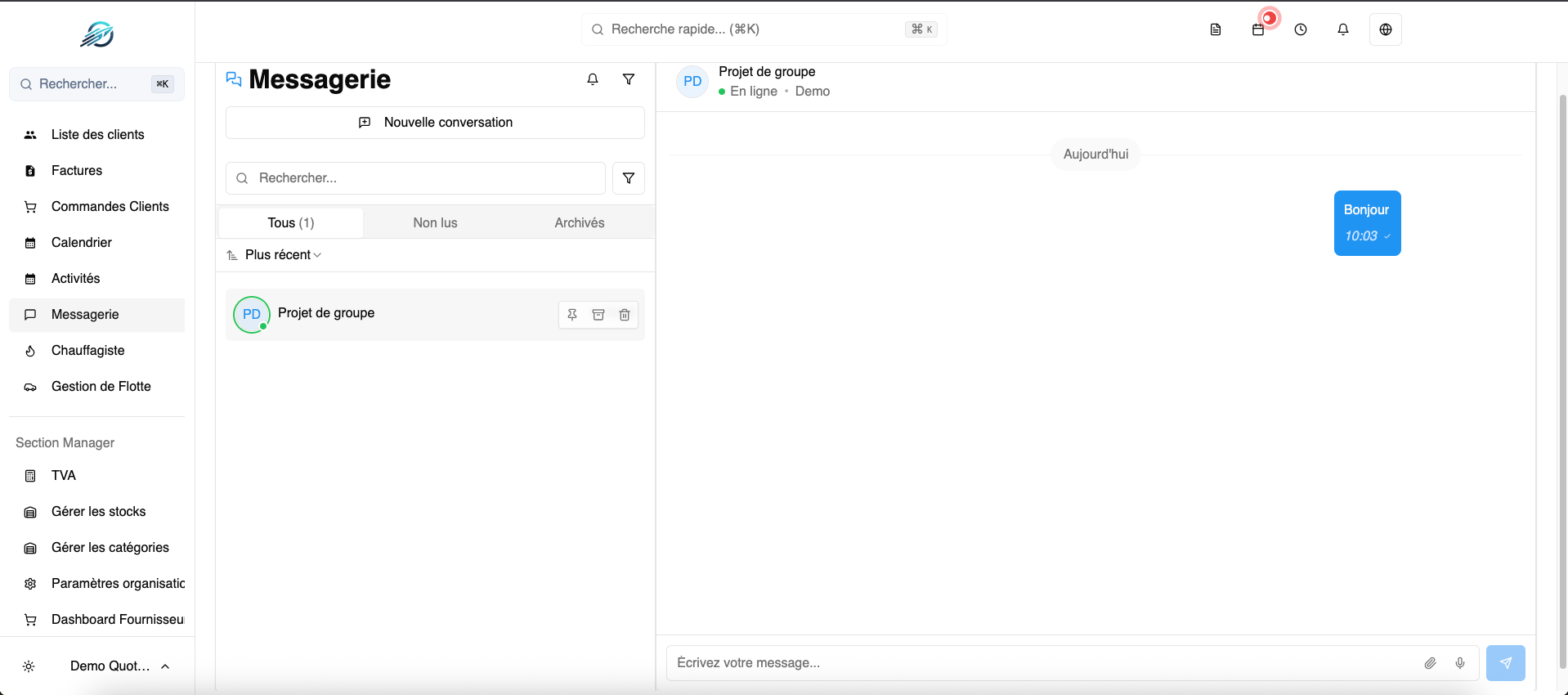 Interface de gestion d'équipe - Attribution des tâches et messagerie intégrée