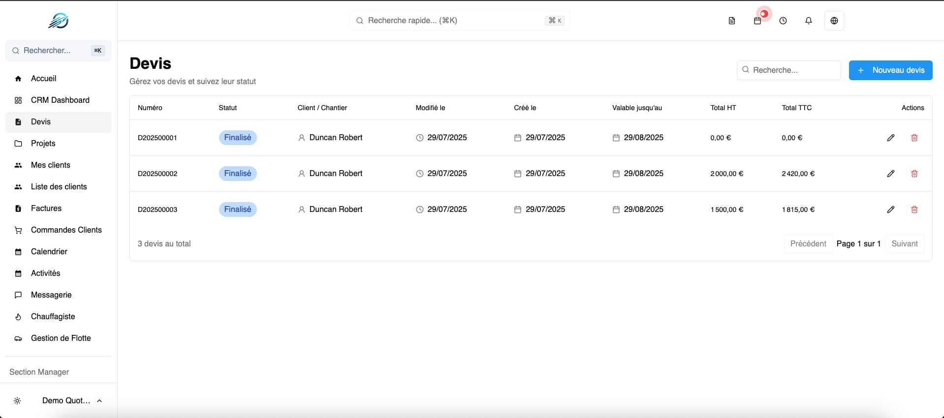 Interface de création de devis QuotyFast - Création rapide et intuitive